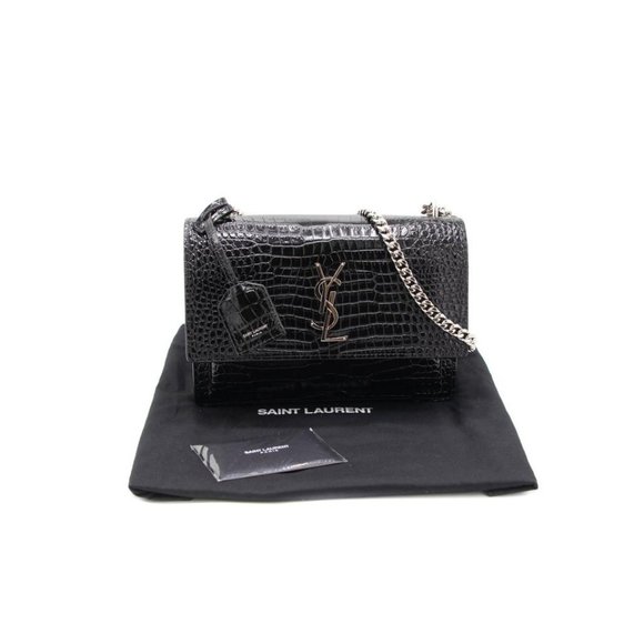 Saint Laurent Handbags - Saint Laurent Chain Sunset In Black Silver Hardware (7238)Crocodile-embossed Bag